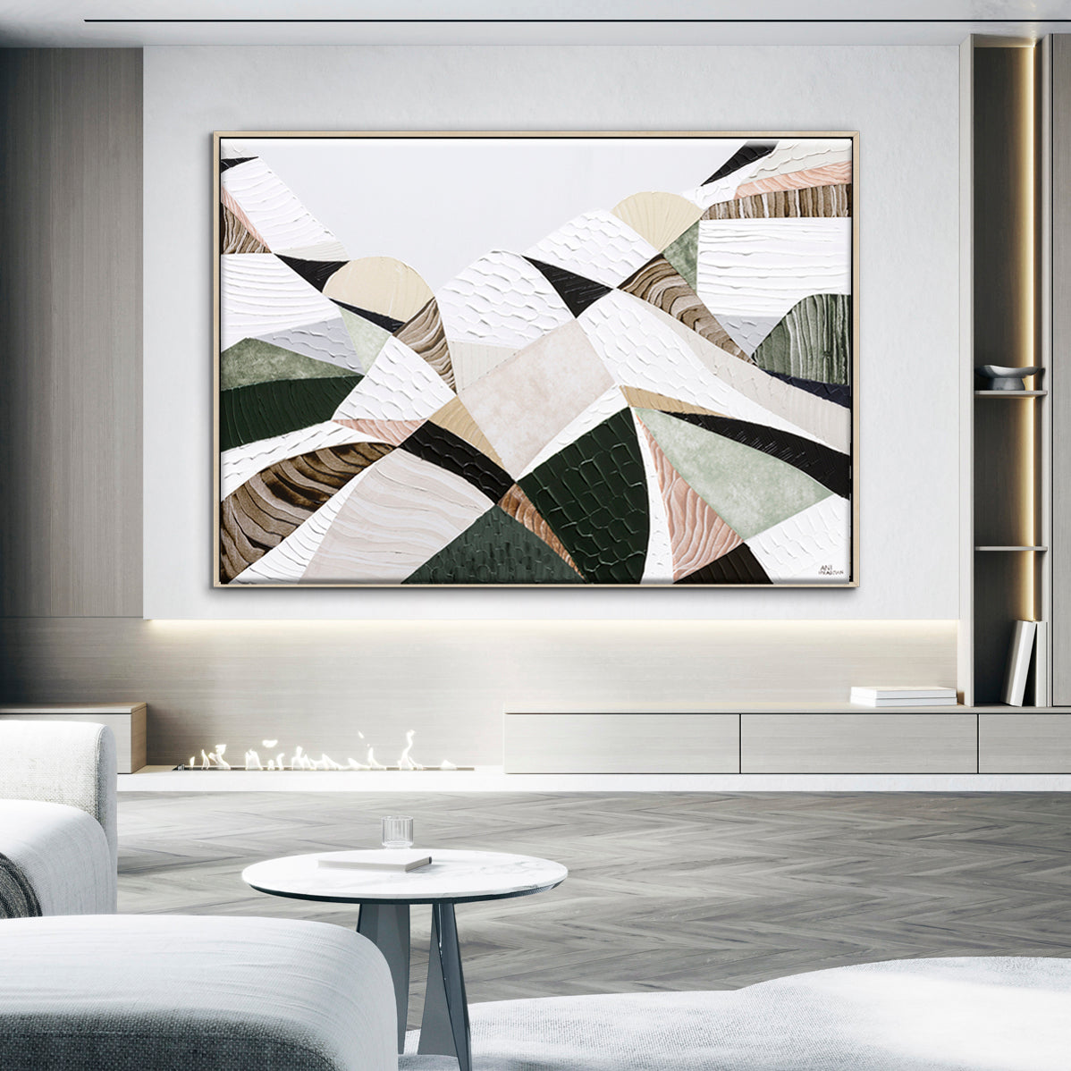 Great Dividing Mountain Ranges 3, original Australian abstract landscape painting by Melbourne artist Ani Ipradjian, featuring earthy browns, sage greens and rich textured native bushland. Contemporary acrylic and mixed media artwork on canvas, 134cm x 95cm, framed in Tasmanian Oak.