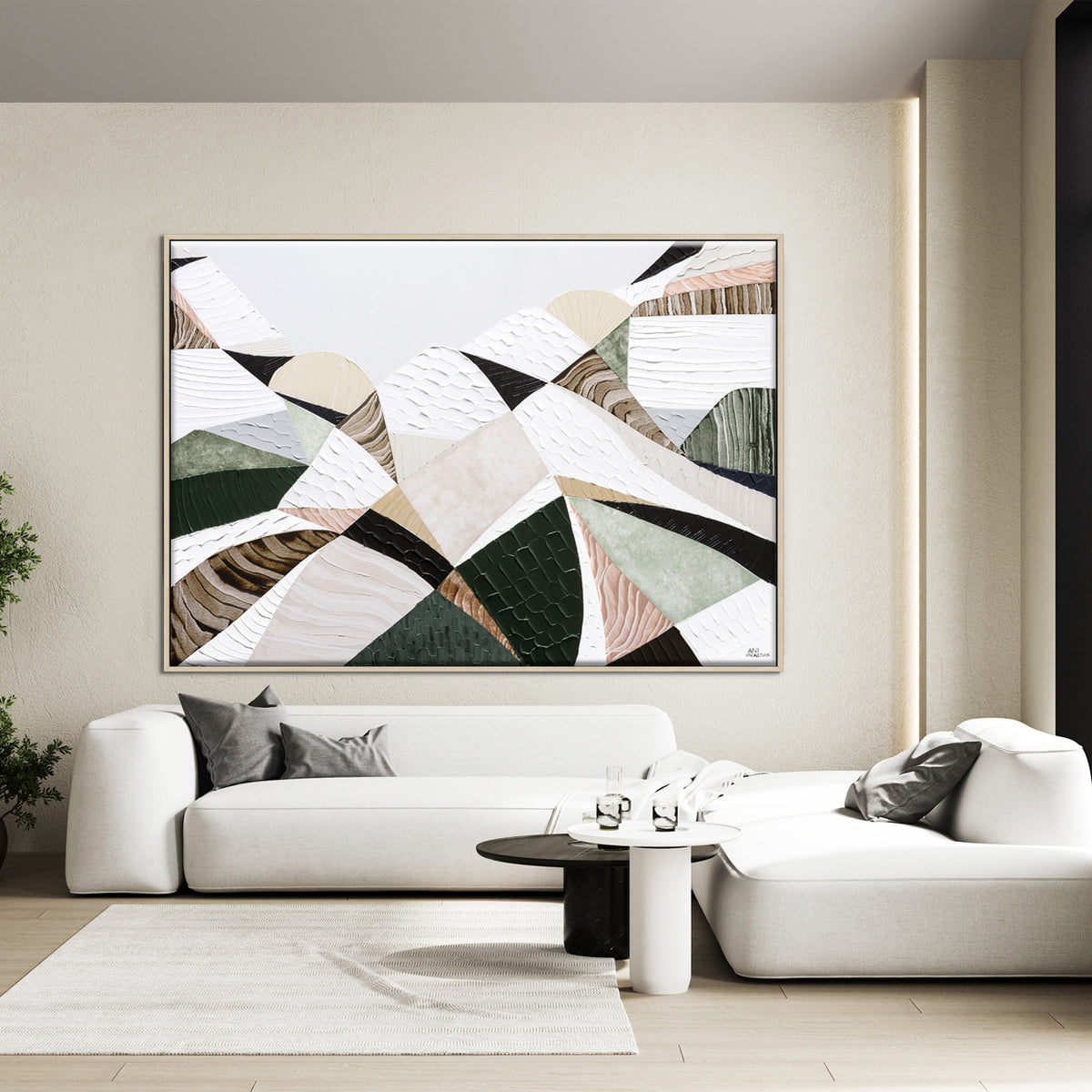 Great Dividing Mountain Ranges 3, original Australian abstract landscape painting by Melbourne artist Ani Ipradjian, featuring earthy browns, sage greens and rich textured native bushland. Contemporary acrylic and mixed media artwork on canvas, 134cm x 95cm, framed in Tasmanian Oak.