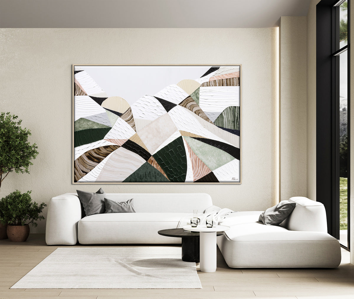 Great Dividing Mountain Ranges 3, original Australian abstract landscape painting by Melbourne artist Ani Ipradjian, featuring earthy browns, sage greens and rich textured native bushland. Contemporary acrylic and mixed media artwork on canvas, 134cm x 95cm, framed in Tasmanian Oak.