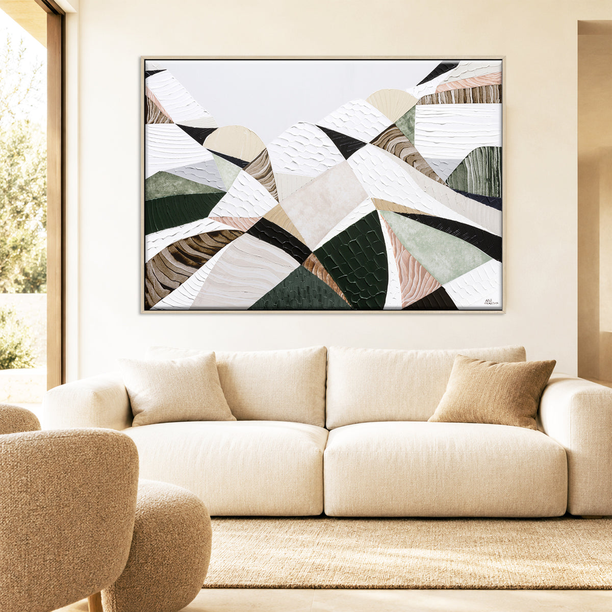 Great Dividing Mountain Ranges 3, original Australian abstract landscape painting by Melbourne artist Ani Ipradjian, featuring earthy browns, sage greens and rich textured native bushland. Contemporary acrylic and mixed media artwork on canvas, 134cm x 95cm, framed in Tasmanian Oak.