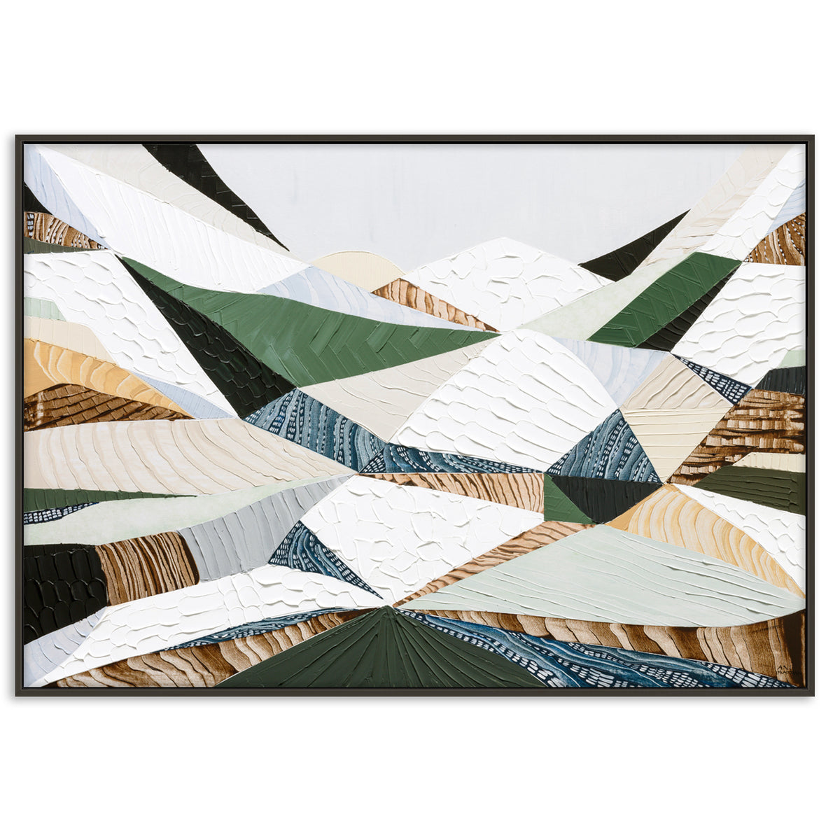Great Dividing Ranges original Australian mountain landscape painting by Melbourne-based Australian artist Ani Ipradjian, textured acrylic and mixed media canvas artwork in earthy browns and sage greens, framed in Tasmanian Oak, with Australian wall art, canvas prints and giclée fine art prints available.