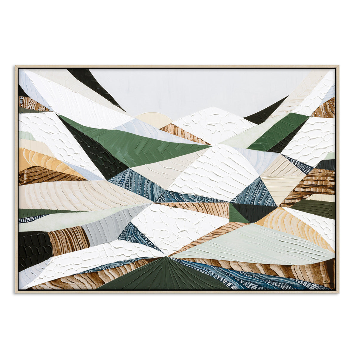 Great Dividing Ranges original Australian mountain landscape painting by Melbourne-based Australian artist Ani Ipradjian, textured acrylic and mixed media canvas artwork in earthy browns and sage greens, framed in Tasmanian Oak, with Australian wall art, canvas prints and giclée fine art prints available.