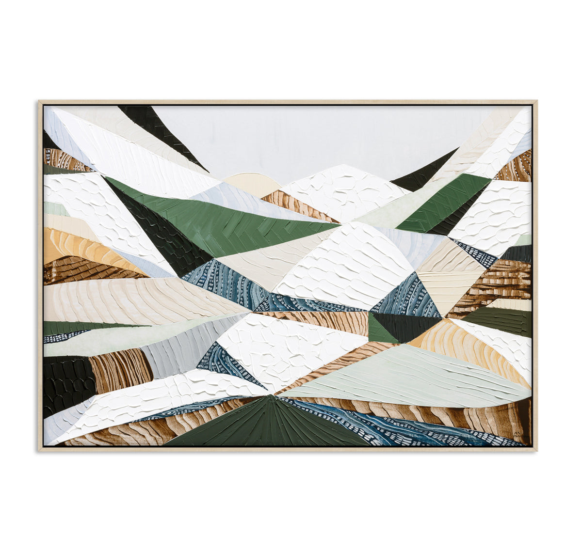 Great Dividing Ranges original Australian mountain landscape painting by Melbourne-based Australian artist Ani Ipradjian, textured acrylic and mixed media canvas artwork in earthy browns and sage greens, framed in Tasmanian Oak, with Australian wall art, canvas prints and giclée fine art prints available.