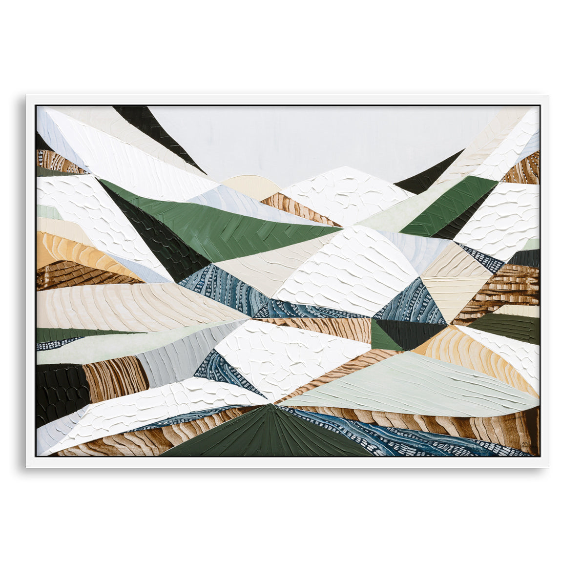 Great Dividing Ranges original Australian mountain landscape painting by Melbourne-based Australian artist Ani Ipradjian, textured acrylic and mixed media canvas artwork in earthy browns and sage greens, framed in Tasmanian Oak, with Australian wall art, canvas prints and giclée fine art prints available.