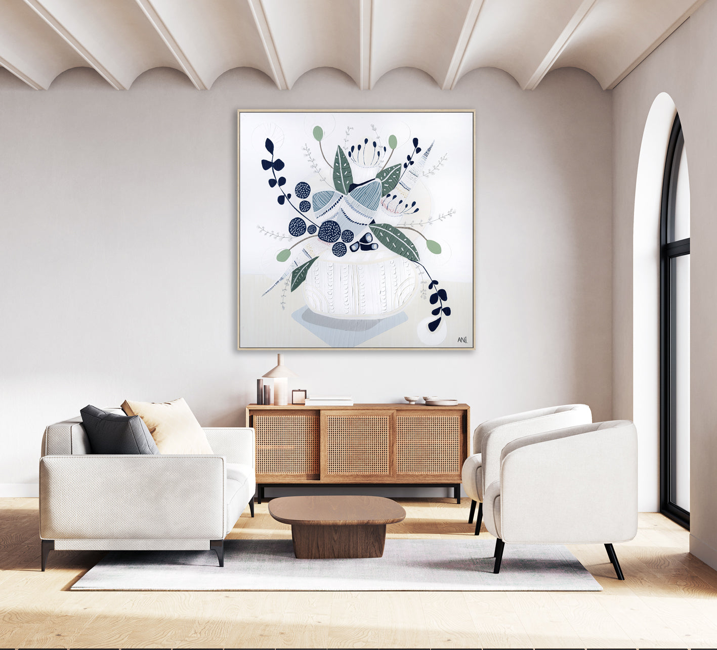 Hamptons Bouquet No. 2" – Original floral painting by Australian artist Ani Ipradjian, featuring Banksia flowers in a coastal-inspired palette of soft blues, greens, and earthy tones, framed in Tasmanian Oak.