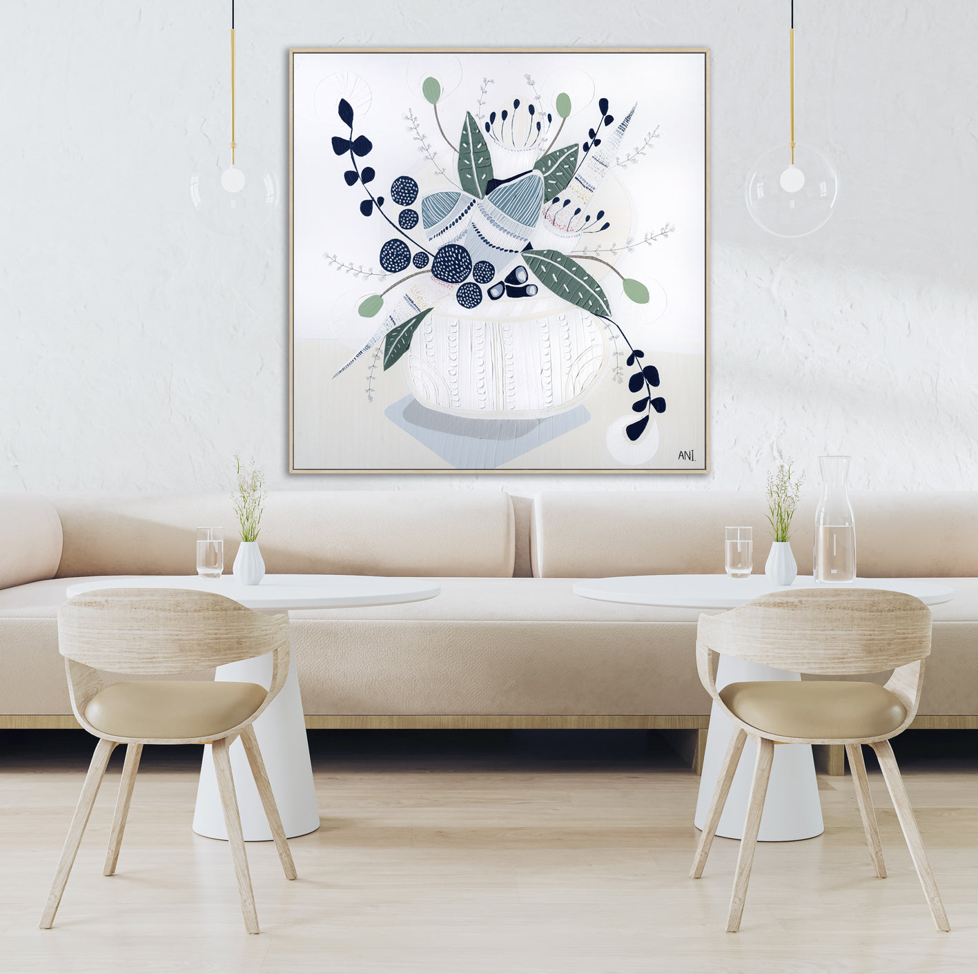 Hamptons Bouquet No. 2" – Original floral painting by Australian artist Ani Ipradjian, featuring Banksia flowers in a coastal-inspired palette of soft blues, greens, and earthy tones, framed in Tasmanian Oak.