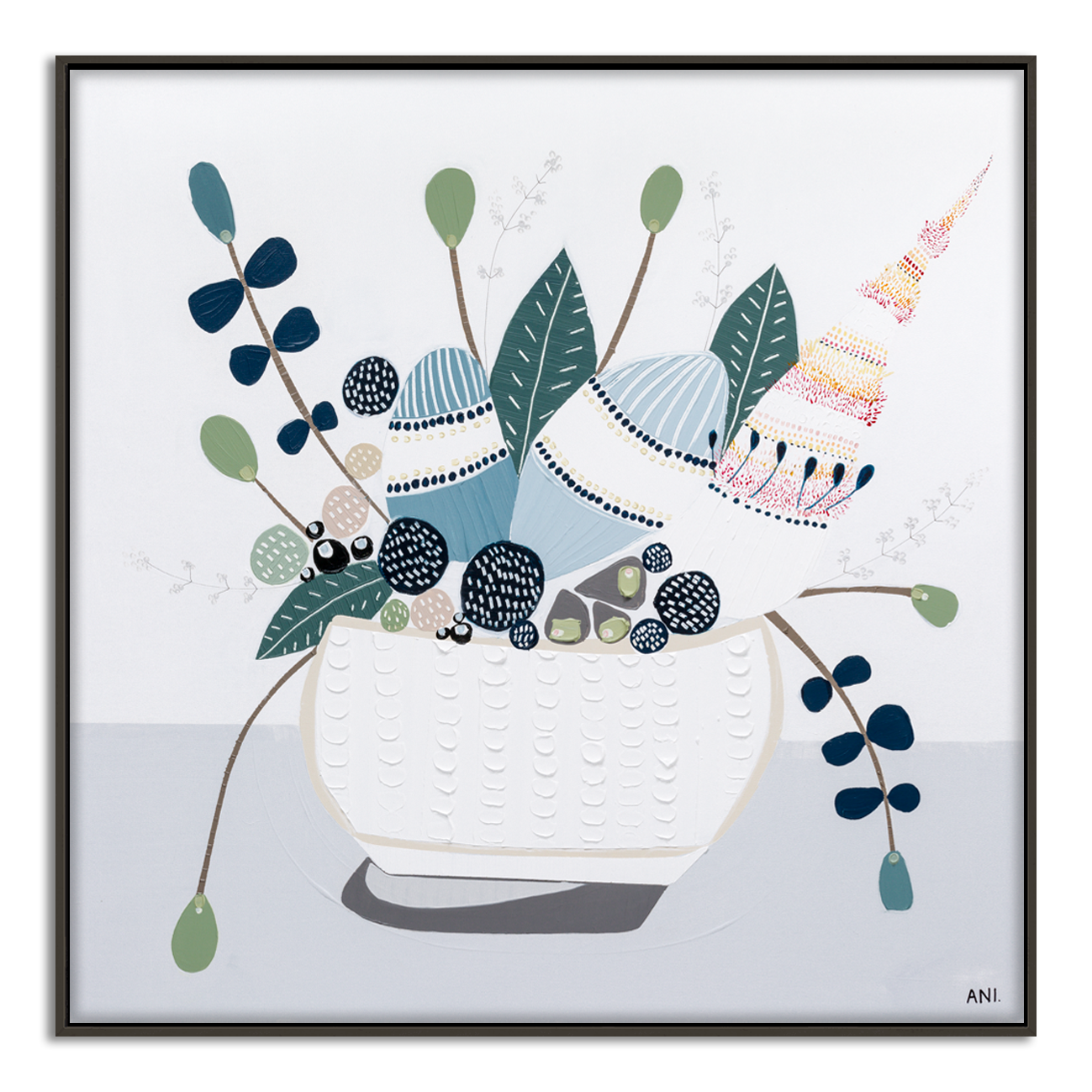 Hamptons Bouquet No. 2 print by Ani Ipradjian – abstract floral art featuring Australian Banksia in a soft blue and green palette. Coastal-inspired wall art perfect for modern interiors, Hamptons décor, and Australian art lovers.