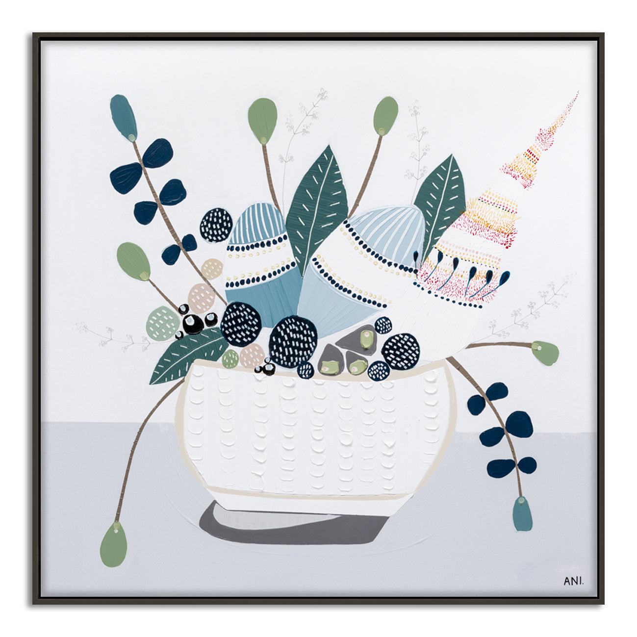 Hamptons Bouquet No. 2 print by Ani Ipradjian – abstract floral art featuring Australian Banksia in a soft blue and green palette. Coastal-inspired wall art perfect for modern interiors, Hamptons décor, and Australian art lovers.
