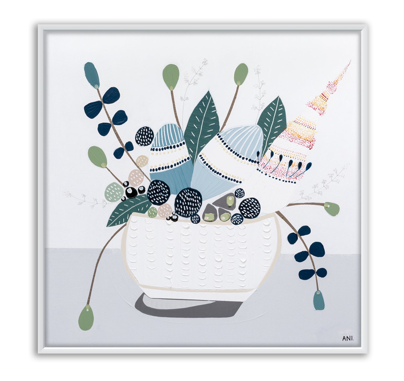 Hamptons Bouquet No. 2 print by Ani Ipradjian – abstract floral art featuring Australian Banksia in a soft blue and green palette. Coastal-inspired wall art perfect for modern interiors, Hamptons décor, and Australian art lovers.