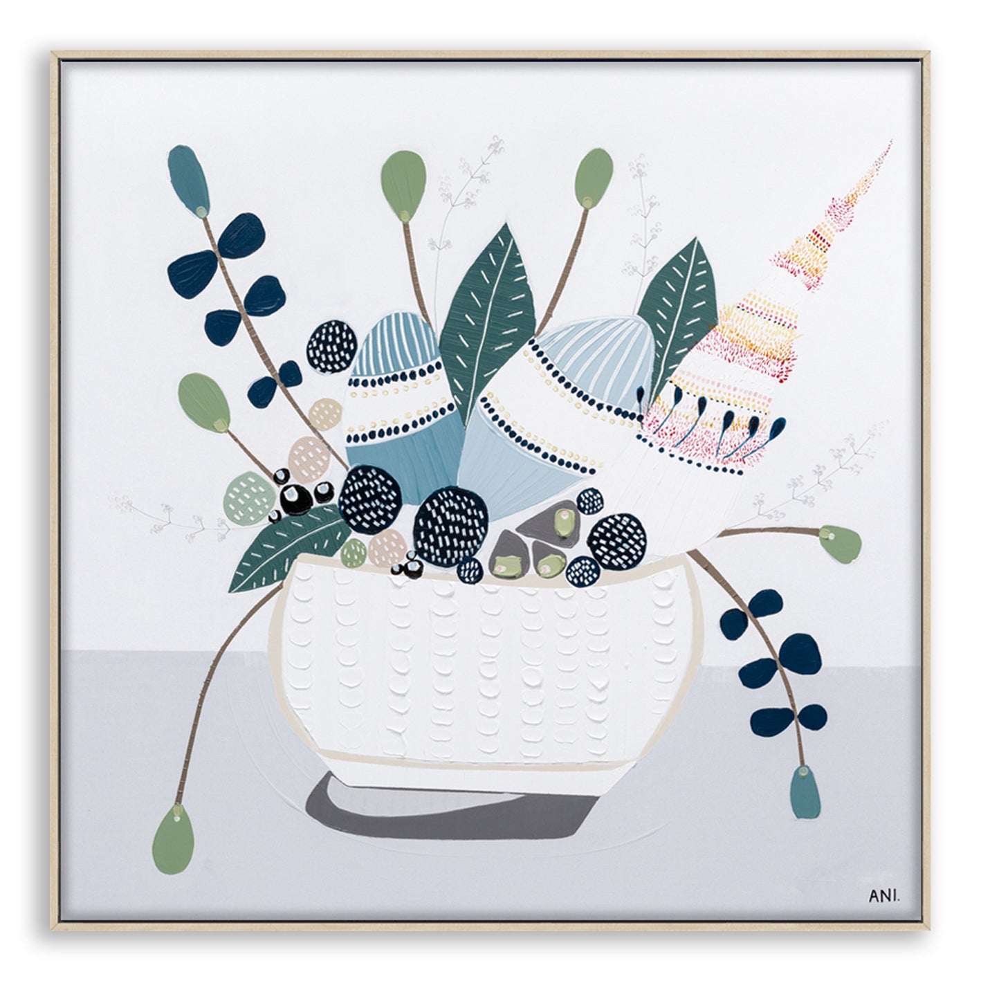 Hamptons Bouquet No. 2" – Original floral painting by Australian artist Ani Ipradjian, featuring Banksia flowers in a coastal-inspired palette of soft blues, greens, and earthy tones, framed in Tasmanian Oak.