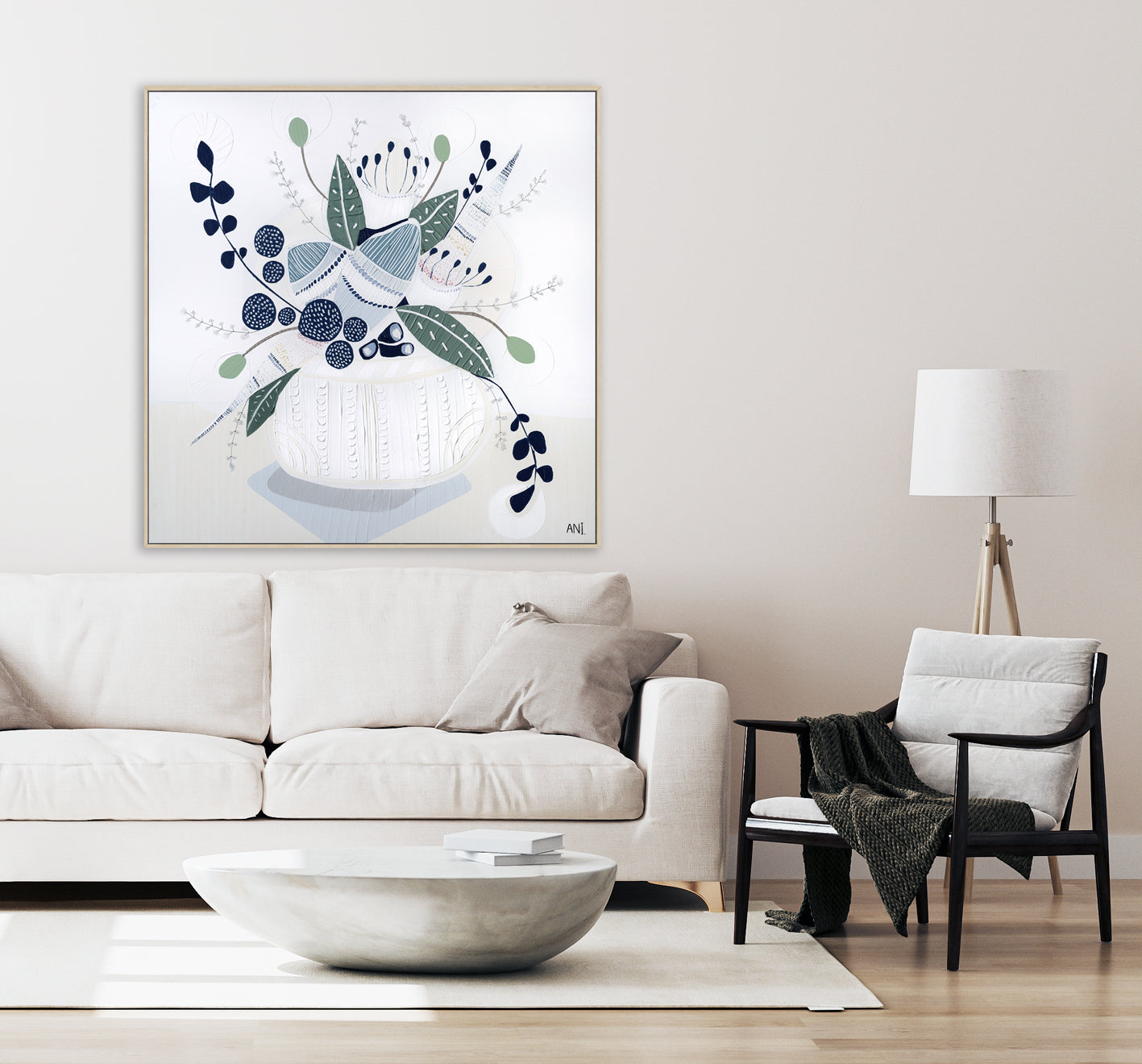 Hamptons Bouquet No. 2" – Original floral painting by Australian artist Ani Ipradjian, featuring Banksia flowers in a coastal-inspired palette of soft blues, greens, and earthy tones, framed in Tasmanian Oak.