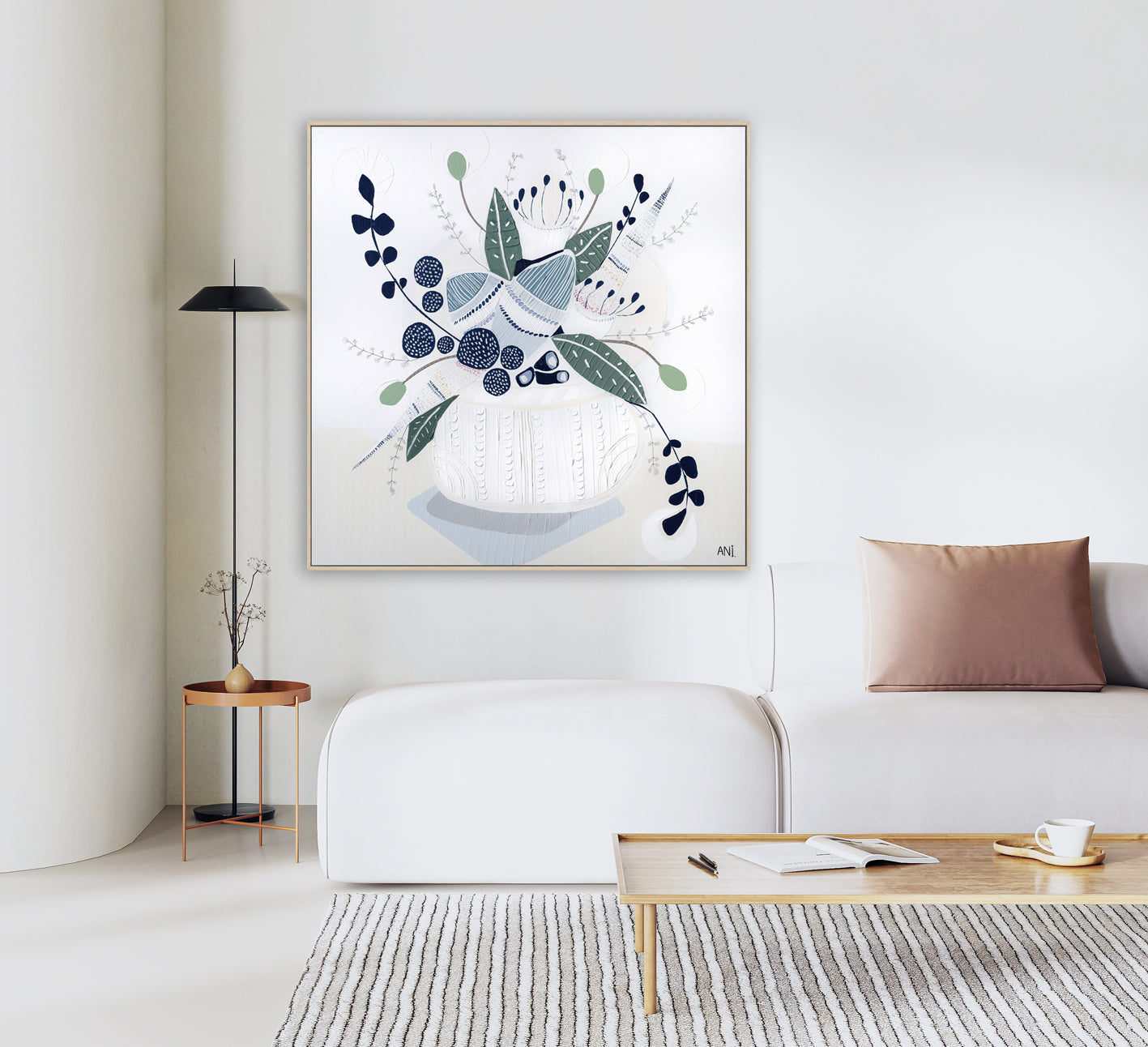 Hamptons Bouquet No. 2" – Original floral painting by Australian artist Ani Ipradjian, featuring Banksia flowers in a coastal-inspired palette of soft blues, greens, and earthy tones, framed in Tasmanian Oak.