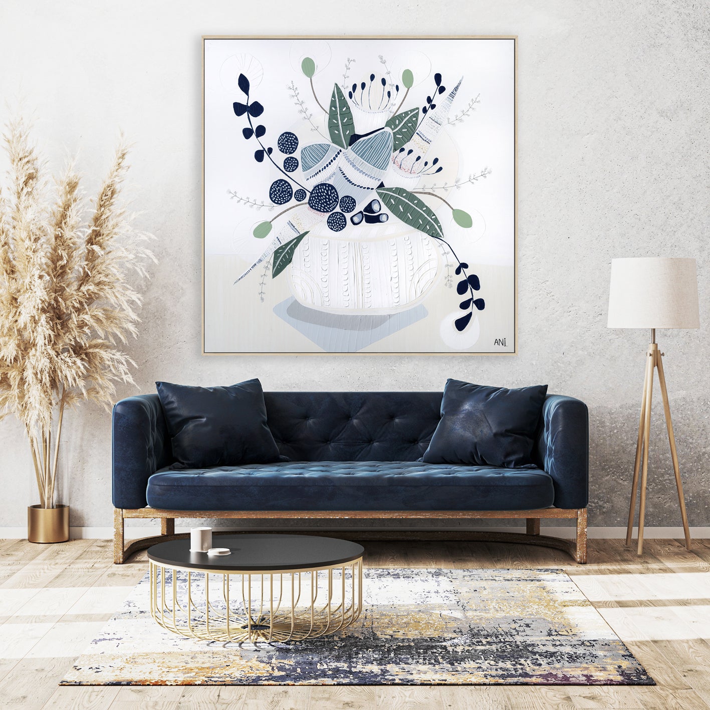 Hamptons Bouquet No. 2" – Original floral painting by Australian artist Ani Ipradjian, featuring Banksia flowers in a coastal-inspired palette of soft blues, greens, and earthy tones, framed in Tasmanian Oak.