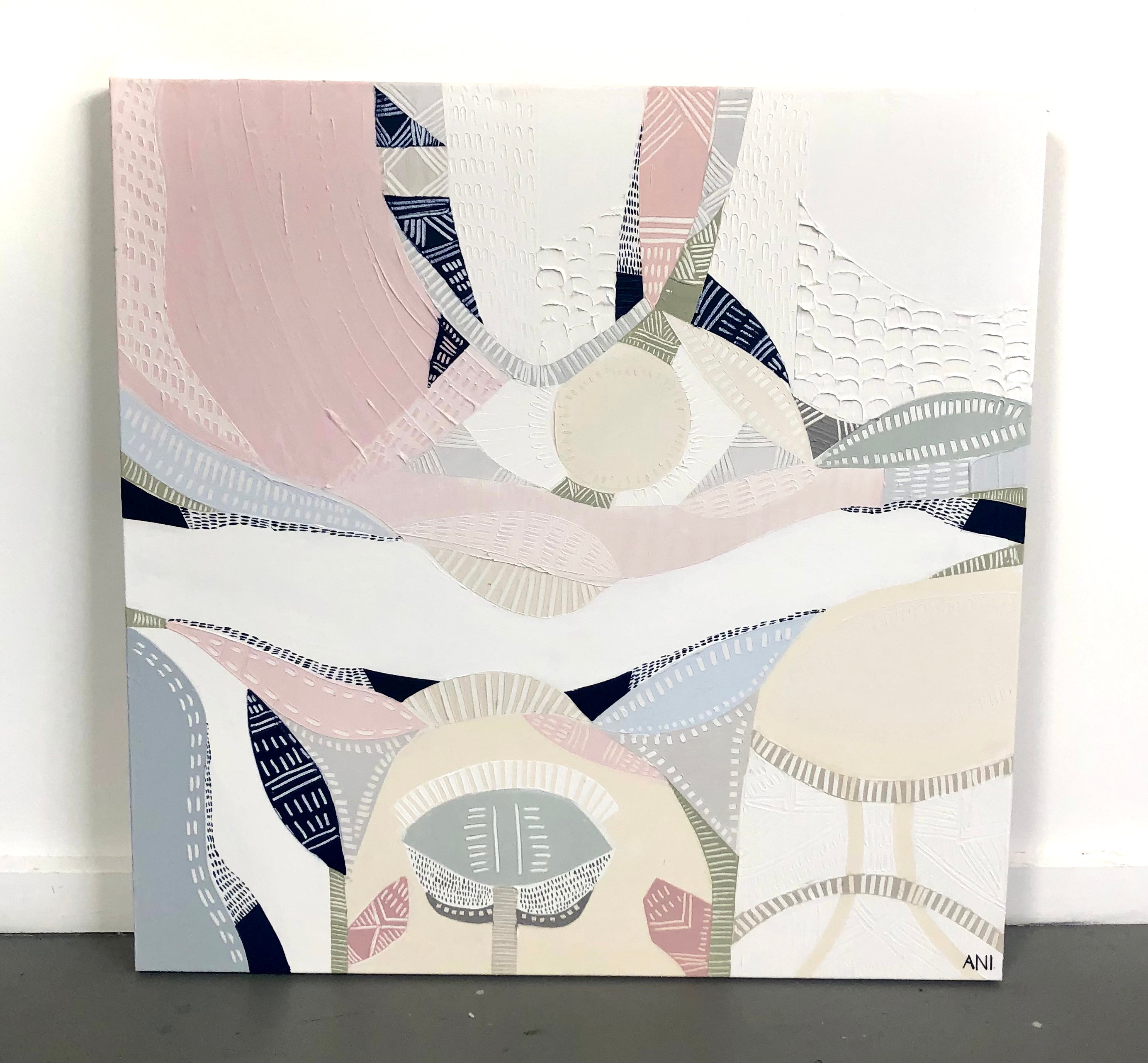 "Pink Lake Love 2" print by Australian artist Ani Ipradjian – abstract artwork inspired by the pink salt lakes of Esperance, WA, featuring soft pink and ocean blue tones for coastal and modern interiors.