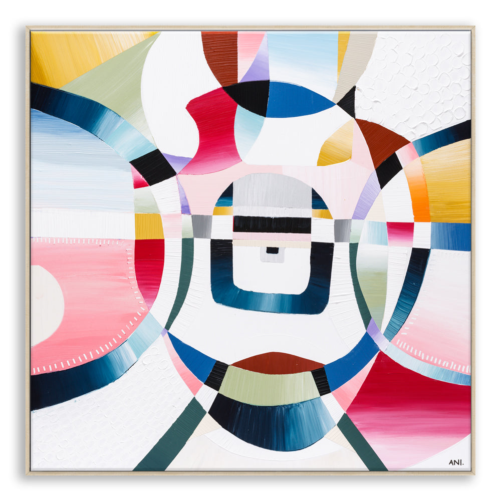 "Love Lock Bridge" – Original abstract painting by Australian artist Ani Ipradjian, inspired by Melbourne's Evan Walker Bridge, featuring layered textures and romantic symbolism in a palette of soft, emotional tones; framed in Tasmanian Oak, Black, or White.