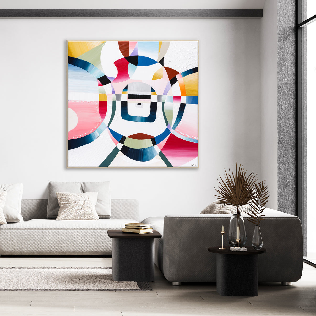 "Love Lock Bridge" – Original abstract painting by Australian artist Ani Ipradjian, inspired by Melbourne's Evan Walker Bridge, featuring layered textures and romantic symbolism in a palette of soft, emotional tones; framed in Tasmanian Oak, Black, or White.