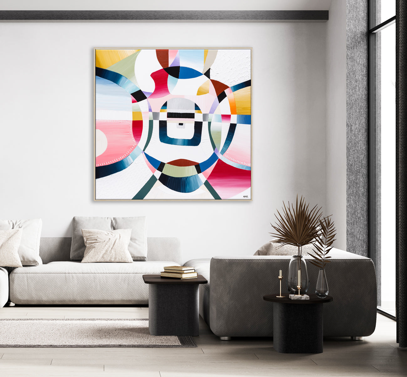 "Love Lock Bridge" – Original abstract painting by Australian artist Ani Ipradjian, inspired by Melbourne's Evan Walker Bridge, featuring layered textures and romantic symbolism in a palette of soft, emotional tones; framed in Tasmanian Oak, Black, or White.