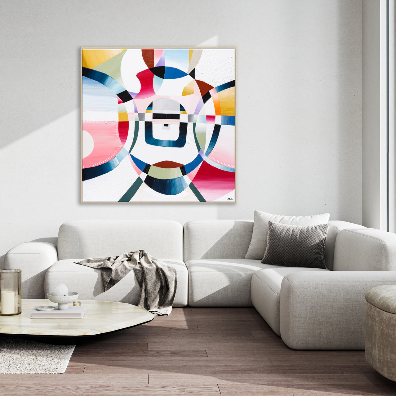"Love Lock Bridge" – Original abstract painting by Australian artist Ani Ipradjian, inspired by Melbourne's Evan Walker Bridge, featuring layered textures and romantic symbolism in a palette of soft, emotional tones; framed in Tasmanian Oak, Black, or White.