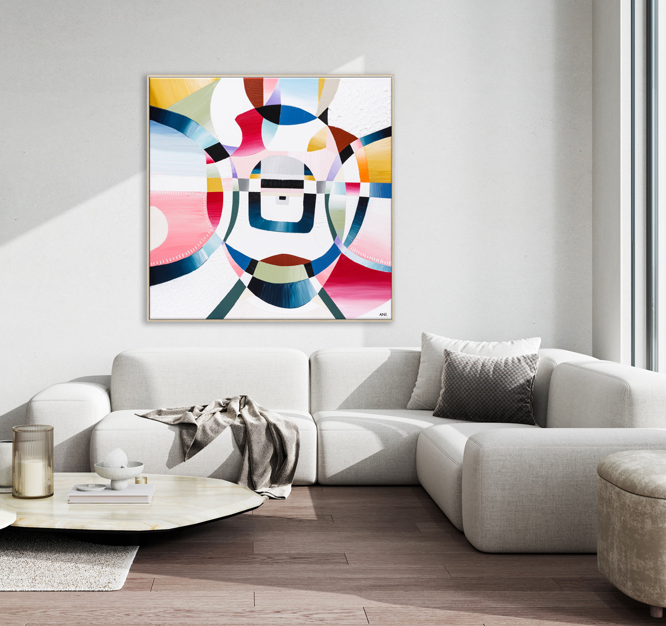 "Love Lock Bridge" – Original abstract painting by Australian artist Ani Ipradjian, inspired by Melbourne's Evan Walker Bridge, featuring layered textures and romantic symbolism in a palette of soft, emotional tones; framed in Tasmanian Oak, Black, or White.