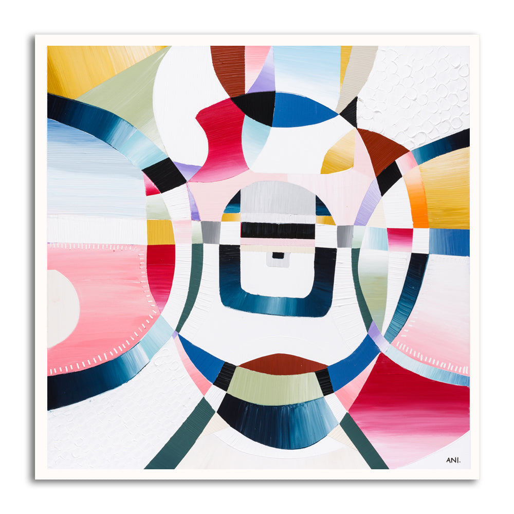 Love Lock Bridge abstract painting by Australian artist Ani Ipradjian featuring textured layers and mixed media, inspired by Melbourne’s Evan Walker Bridge and the tradition of love padlocks – ideal for Australian art collectors and global buyers seeking romantic, contemporary artwork.