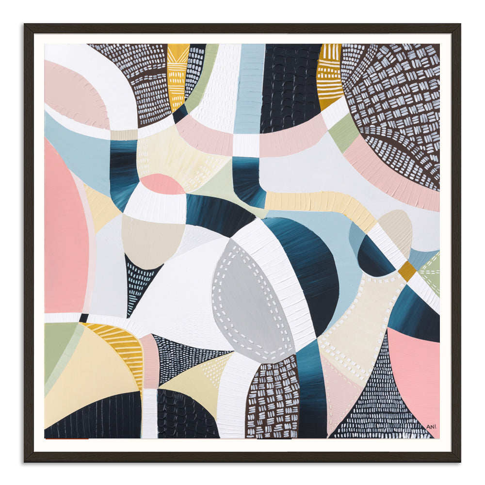 Abstract aerial artwork of the Melbourne Cricket Ground (MCG) by Australian artist Ani Ipradjian, featuring the iconic oval stadium surrounded by Melbourne’s cityscape and parklands. This vibrant print celebrates Australian sports culture, AFL and cricket history—ideal for collectors of contemporary Australian art and international fans of Melbourne’s sporting landmarks.