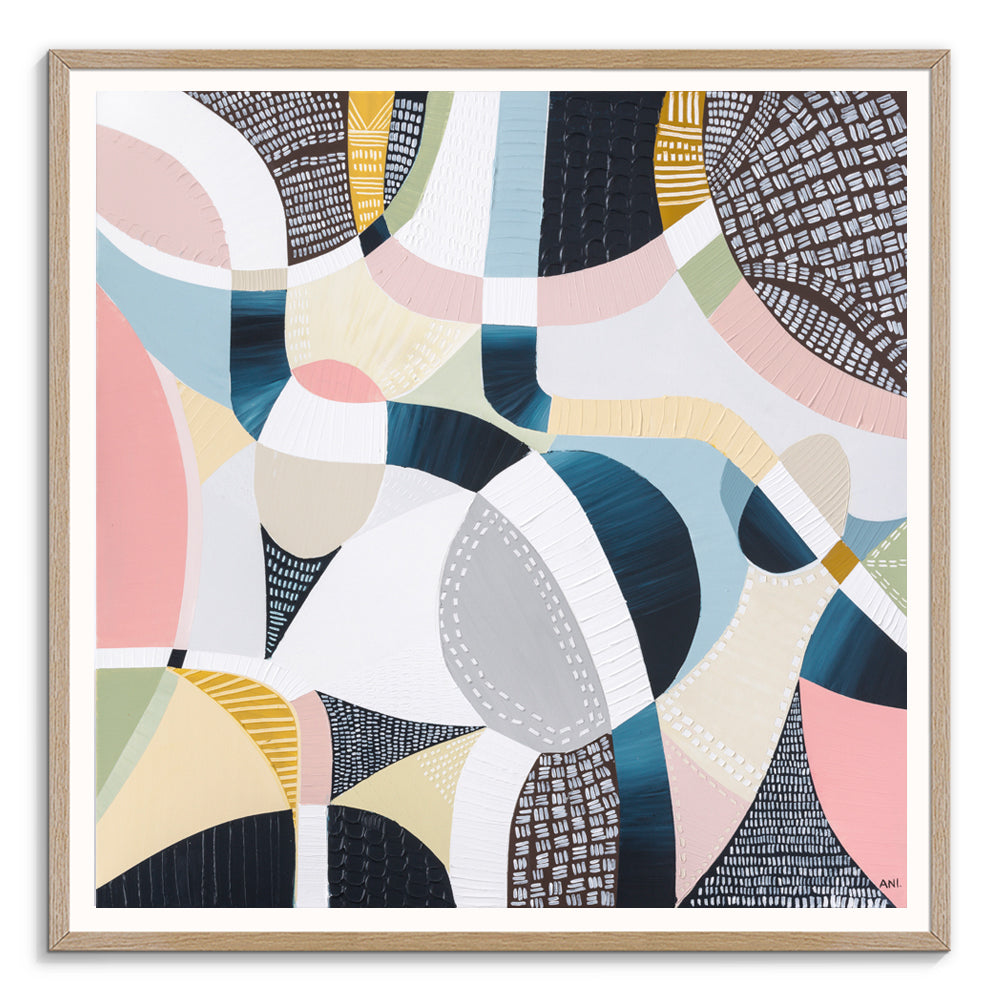 Abstract aerial artwork of the Melbourne Cricket Ground (MCG) by Australian artist Ani Ipradjian, featuring the iconic oval stadium surrounded by Melbourne’s cityscape and parklands. This vibrant print celebrates Australian sports culture, AFL and cricket history—ideal for collectors of contemporary Australian art and international fans of Melbourne’s sporting landmarks.