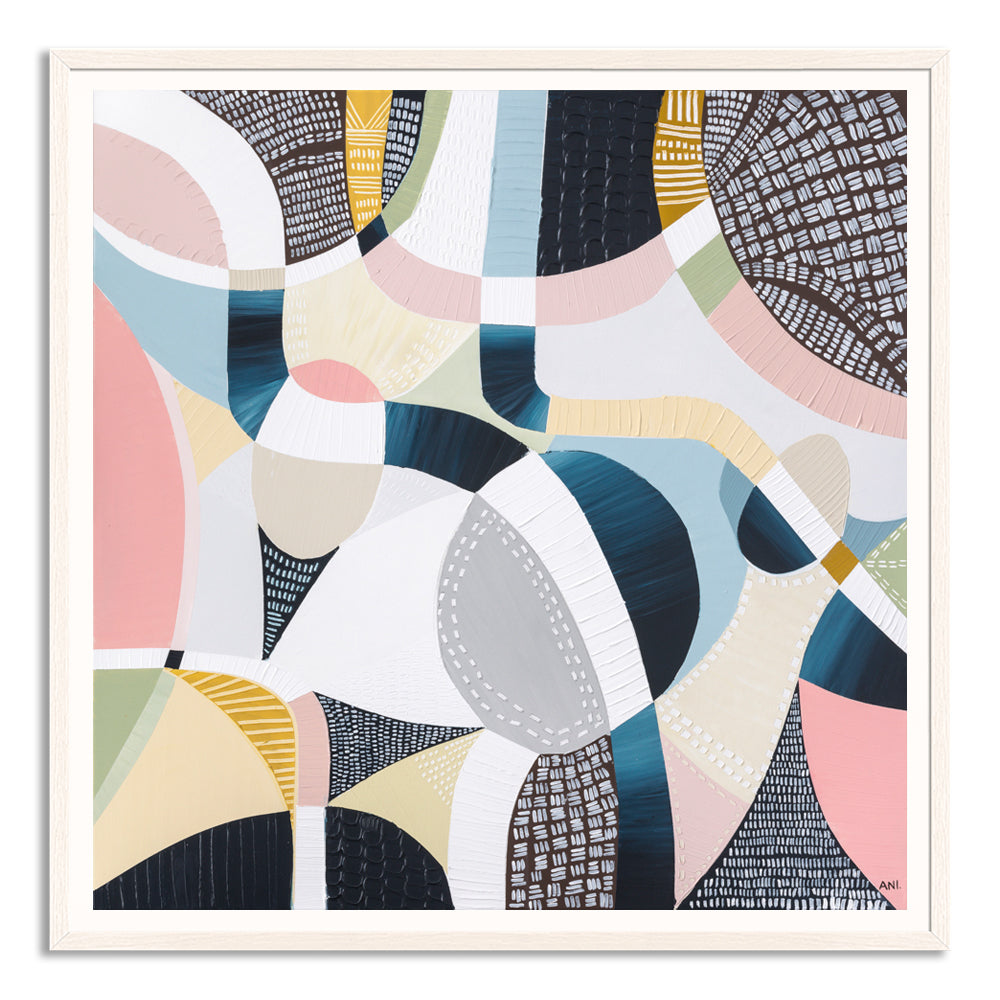 Abstract aerial artwork of the Melbourne Cricket Ground (MCG) by Australian artist Ani Ipradjian, featuring the iconic oval stadium surrounded by Melbourne’s cityscape and parklands. This vibrant print celebrates Australian sports culture, AFL and cricket history—ideal for collectors of contemporary Australian art and international fans of Melbourne’s sporting landmarks.