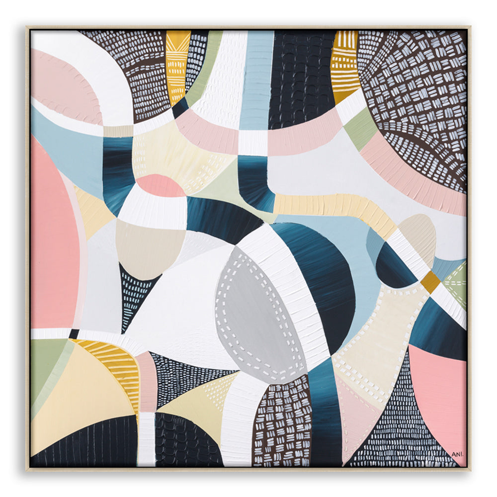 Abstract aerial artwork of the Melbourne Cricket Ground (MCG) by Australian artist Ani Ipradjian, featuring the iconic oval stadium surrounded by Melbourne’s cityscape and parklands. This vibrant print celebrates Australian sports culture, AFL and cricket history—ideal for collectors of contemporary Australian art and international fans of Melbourne’s sporting landmarks.