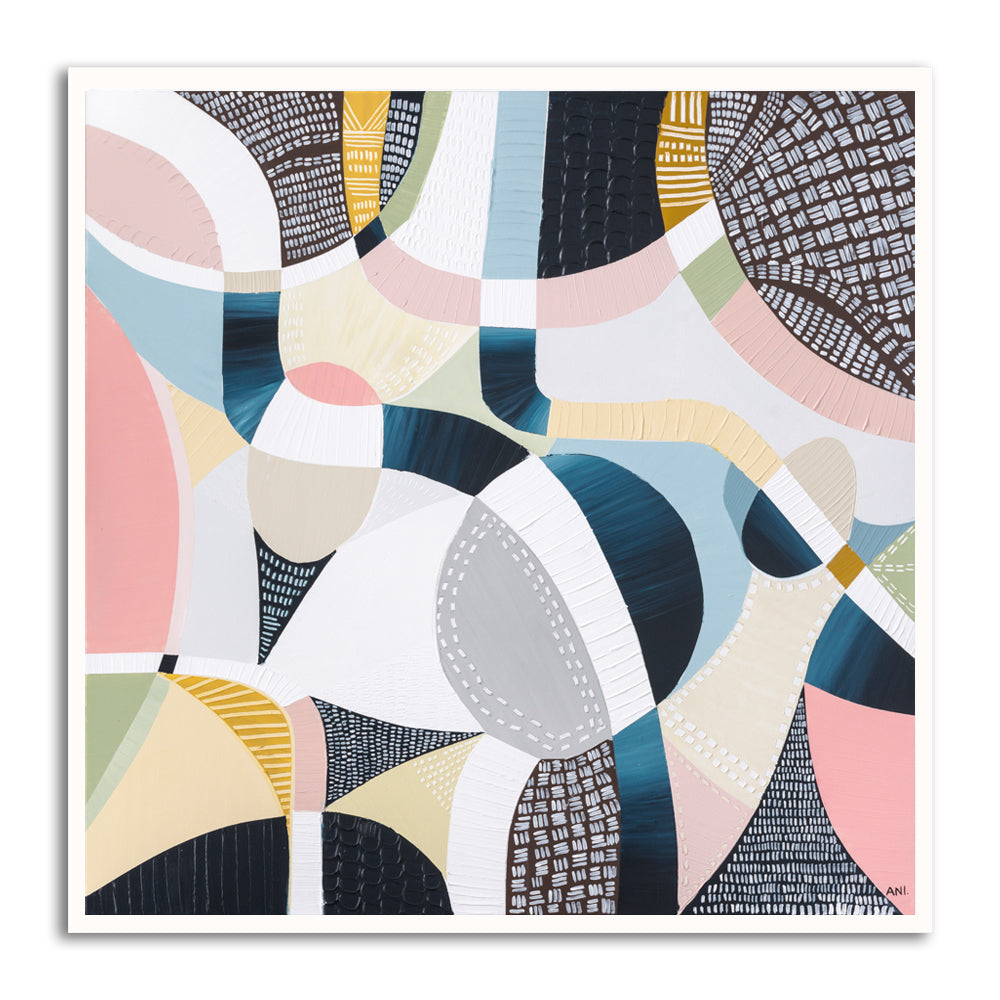 Abstract aerial artwork of the Melbourne Cricket Ground (MCG) by Australian artist Ani Ipradjian, featuring the iconic oval stadium surrounded by Melbourne’s cityscape and parklands. This vibrant print celebrates Australian sports culture, AFL and cricket history—ideal for collectors of contemporary Australian art and international fans of Melbourne’s sporting landmarks.