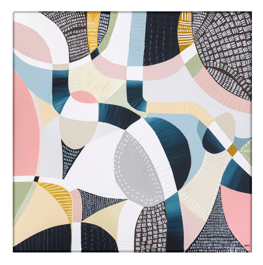 Abstract aerial artwork of the Melbourne Cricket Ground (MCG) by Australian artist Ani Ipradjian, featuring the iconic oval stadium surrounded by Melbourne’s cityscape and parklands. This vibrant print celebrates Australian sports culture, AFL and cricket history—ideal for collectors of contemporary Australian art and international fans of Melbourne’s sporting landmarks.