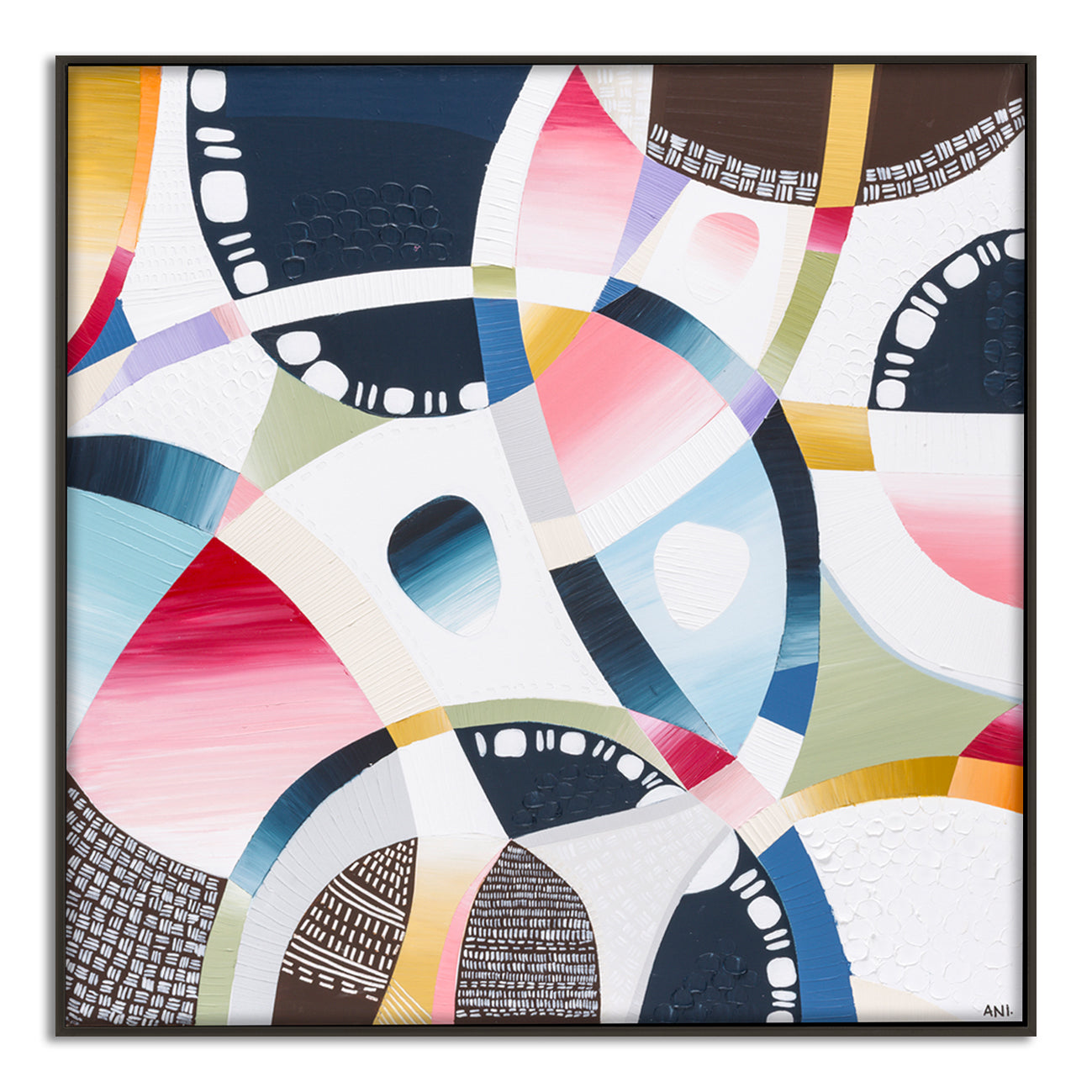 MCG Spirit print by Ani Ipradjian – aerial abstract artwork of the Melbourne Cricket Ground with surrounding cityscape, parklands, and subtle sport-themed details in earthy and vibrant tones.