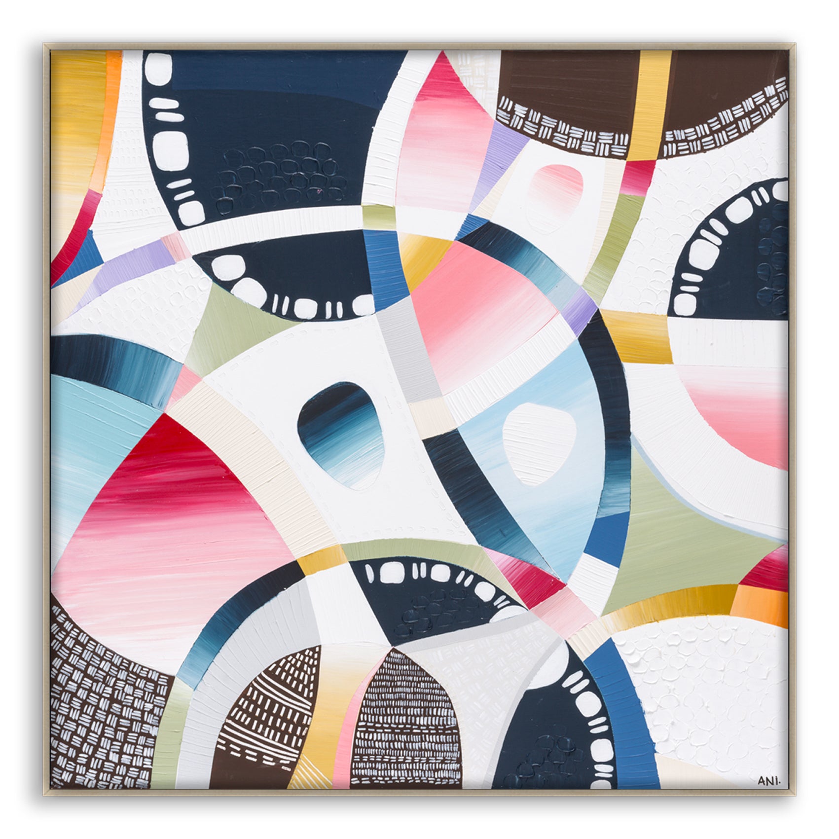 MCG Spirit print by Ani Ipradjian – aerial abstract artwork of the Melbourne Cricket Ground with surrounding cityscape, parklands, and subtle sport-themed details in earthy and vibrant tones.