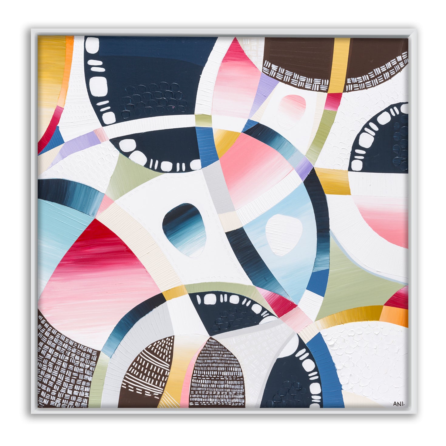 MCG Spirit print by Ani Ipradjian – aerial abstract artwork of the Melbourne Cricket Ground with surrounding cityscape, parklands, and subtle sport-themed details in earthy and vibrant tones.