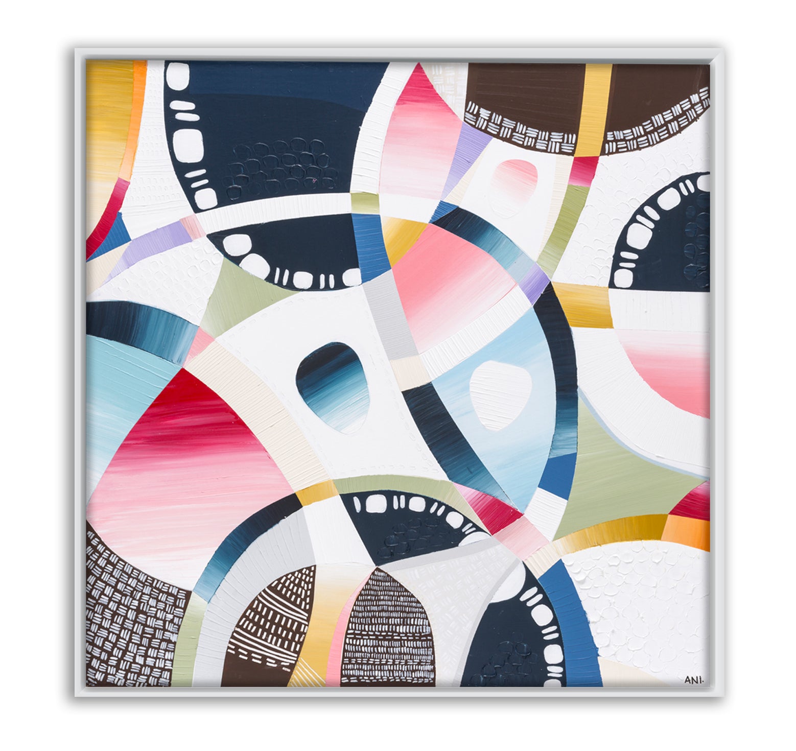 MCG Spirit print by Ani Ipradjian – aerial abstract artwork of the Melbourne Cricket Ground with surrounding cityscape, parklands, and subtle sport-themed details in earthy and vibrant tones.