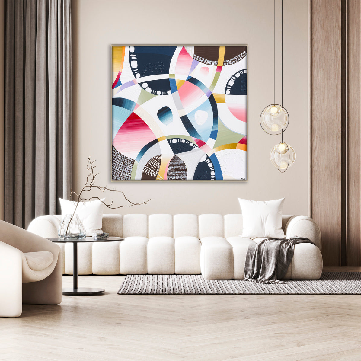 MCG Spirit print by Ani Ipradjian – aerial abstract artwork of the Melbourne Cricket Ground with surrounding cityscape, parklands, and subtle sport-themed details in earthy and vibrant tones.
