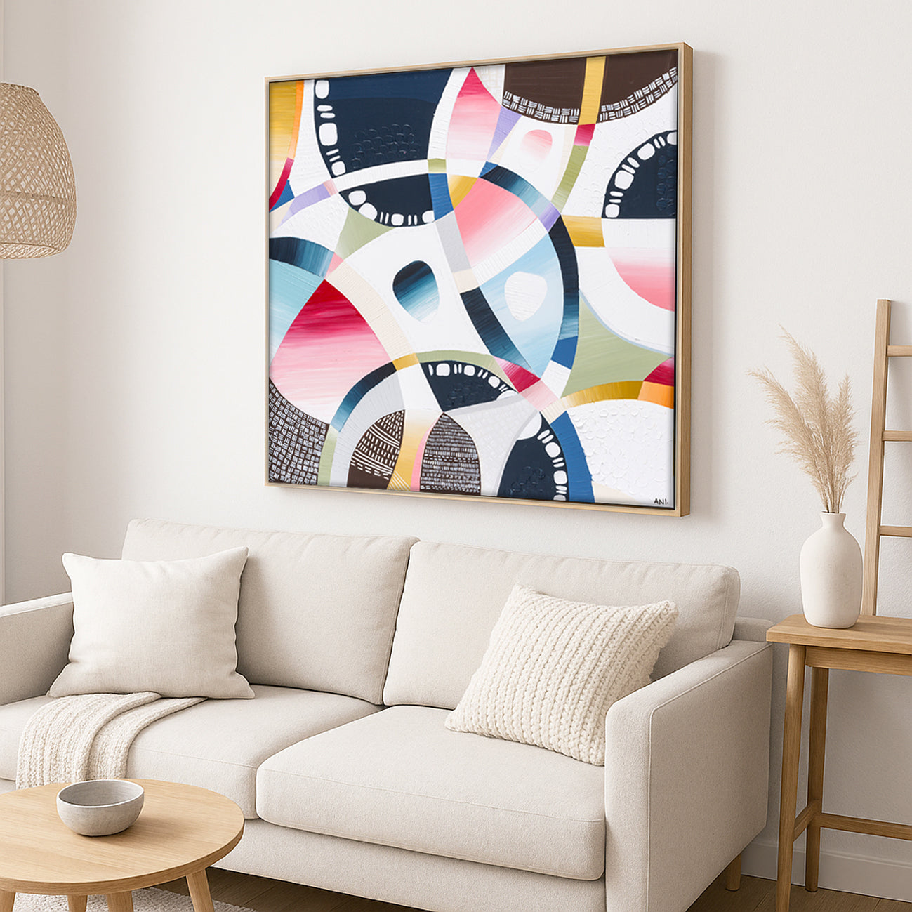 MCG Spirit print by Ani Ipradjian – aerial abstract artwork of the Melbourne Cricket Ground with surrounding cityscape, parklands, and subtle sport-themed details in earthy and vibrant tones.