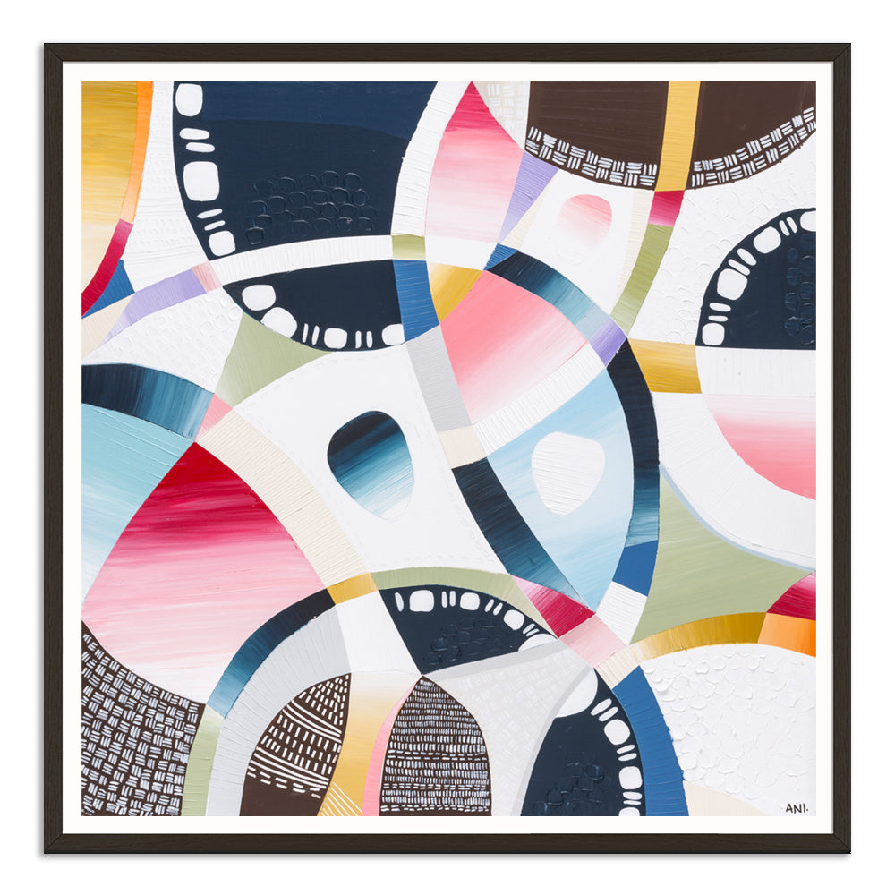 MCG Spirit print by Ani Ipradjian – aerial abstract artwork of the Melbourne Cricket Ground with surrounding cityscape, parklands, and subtle sport-themed details in earthy and vibrant tones.