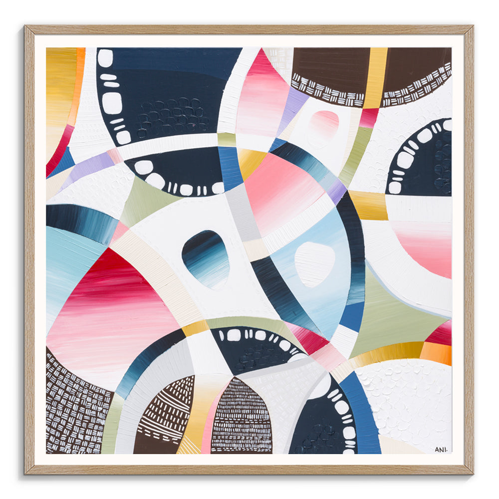 MCG Spirit print by Ani Ipradjian – aerial abstract artwork of the Melbourne Cricket Ground with surrounding cityscape, parklands, and subtle sport-themed details in earthy and vibrant tones.
