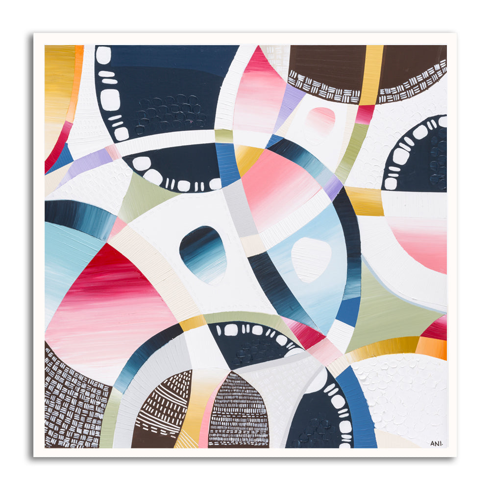 MCG Spirit print by Ani Ipradjian – aerial abstract artwork of the Melbourne Cricket Ground with surrounding cityscape, parklands, and subtle sport-themed details in earthy and vibrant tones.