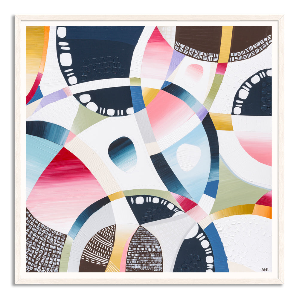 MCG Spirit print by Ani Ipradjian – aerial abstract artwork of the Melbourne Cricket Ground with surrounding cityscape, parklands, and subtle sport-themed details in earthy and vibrant tones.