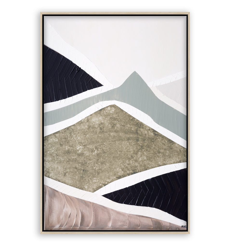 "Mountain Ranges" – Original abstract landscape painting by Australian artist Ani Ipradjian, inspired by Australia’s rugged mountain ranges, featuring earthy tones and sage green textures.