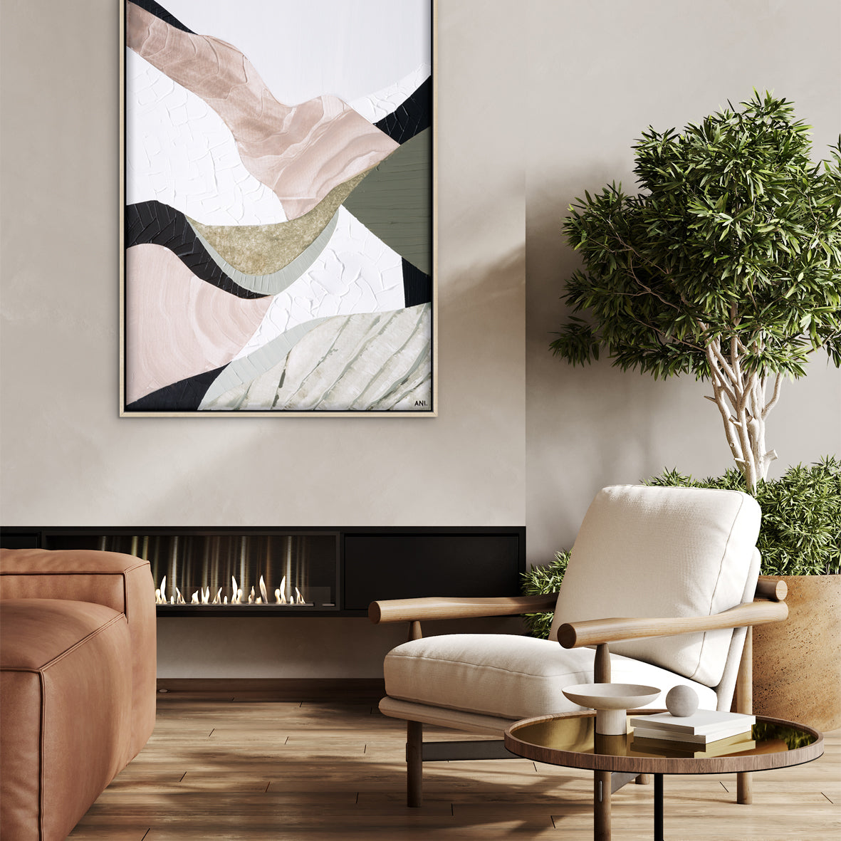 "Mountain Ranges" – Original abstract landscape painting by Australian artist Ani Ipradjian, inspired by Australia’s rugged mountain ranges, featuring earthy tones and sage green textures.