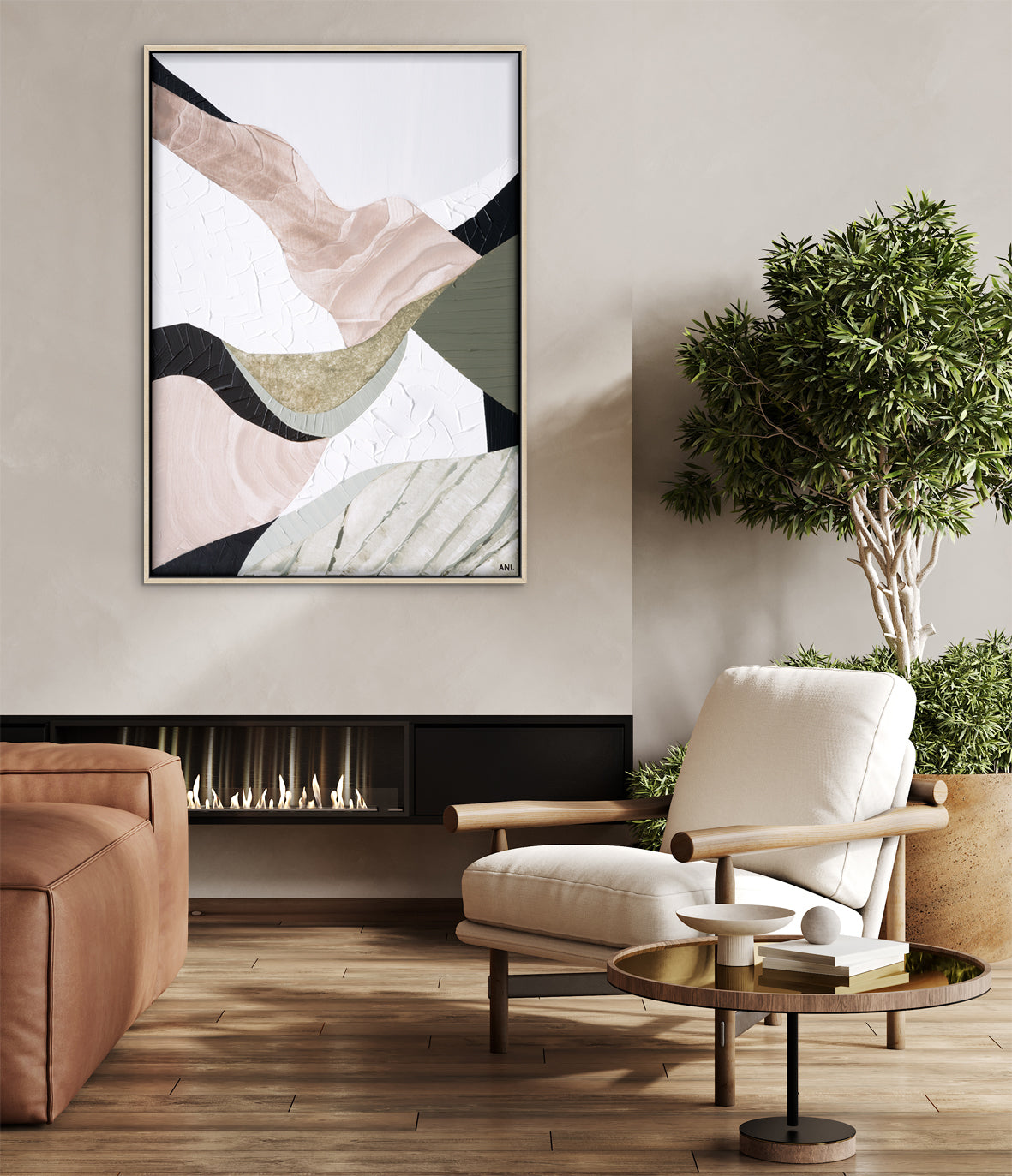 "Mountain Ranges" – Original abstract landscape painting by Australian artist Ani Ipradjian, inspired by Australia’s rugged mountain ranges, featuring earthy tones and sage green textures.