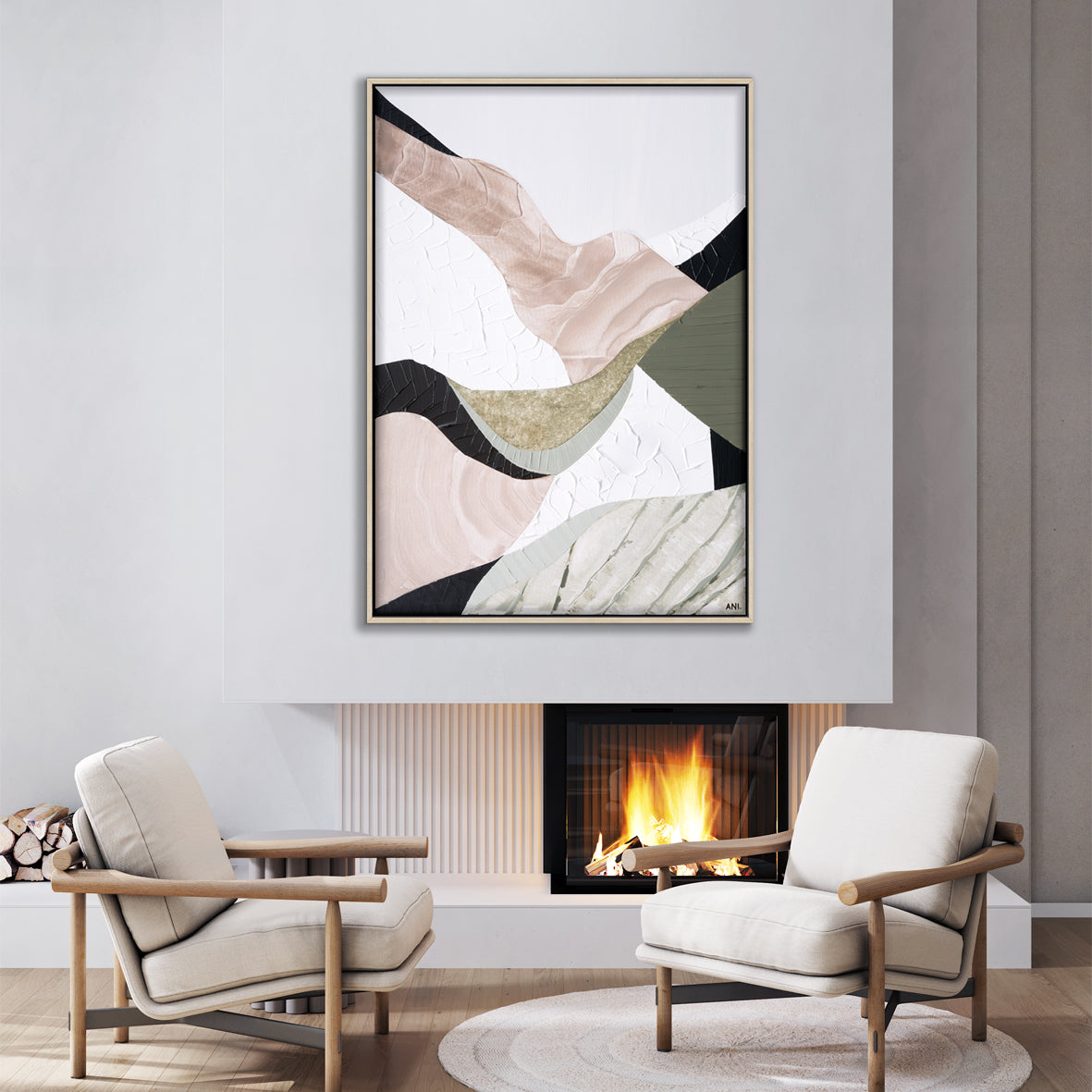 "Mountain Ranges" – Original abstract landscape painting by Australian artist Ani Ipradjian, inspired by Australia’s rugged mountain ranges, featuring earthy tones and sage green textures.