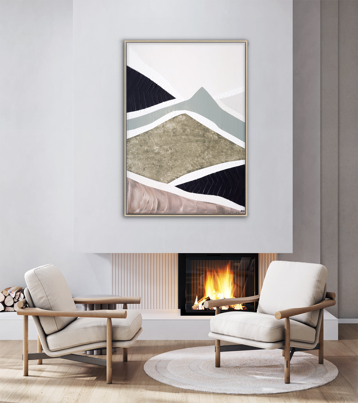 "Mountain Ranges" – Original abstract landscape painting by Australian artist Ani Ipradjian, inspired by Australia’s rugged mountain ranges, featuring earthy tones and sage green textures.