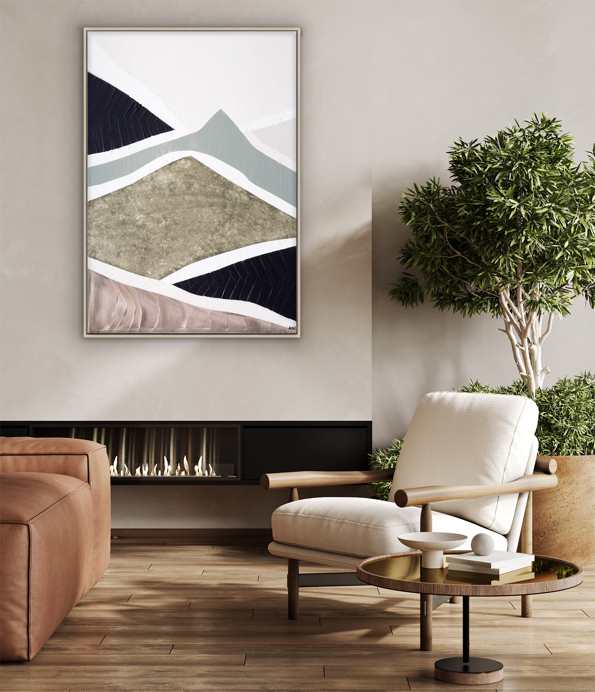 "Mountain Ranges" – Original abstract landscape painting by Australian artist Ani Ipradjian, inspired by Australia’s rugged mountain ranges, featuring earthy tones and sage green textures.