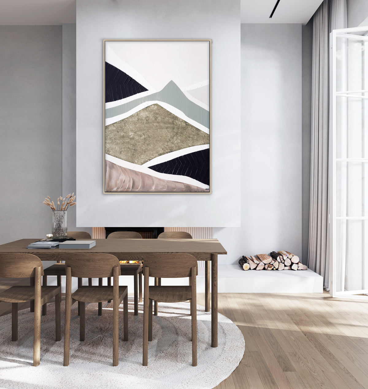 "Mountain Ranges" – Original abstract landscape painting by Australian artist Ani Ipradjian, inspired by Australia’s rugged mountain ranges, featuring earthy tones and sage green textures.