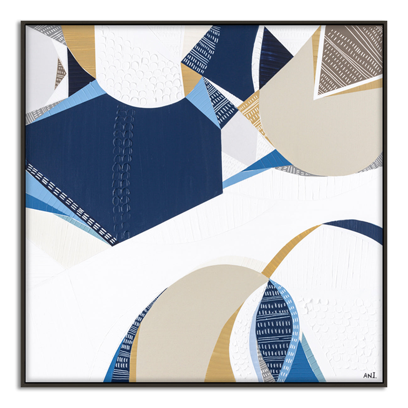 Outback Ocean print by Ani Ipradjian – abstract Australian landscape featuring earthy gold, blue, and mustard tones, symbolizing the unity of Australia’s outback and ocean. Ideal for collectors of Australian art worldwide.