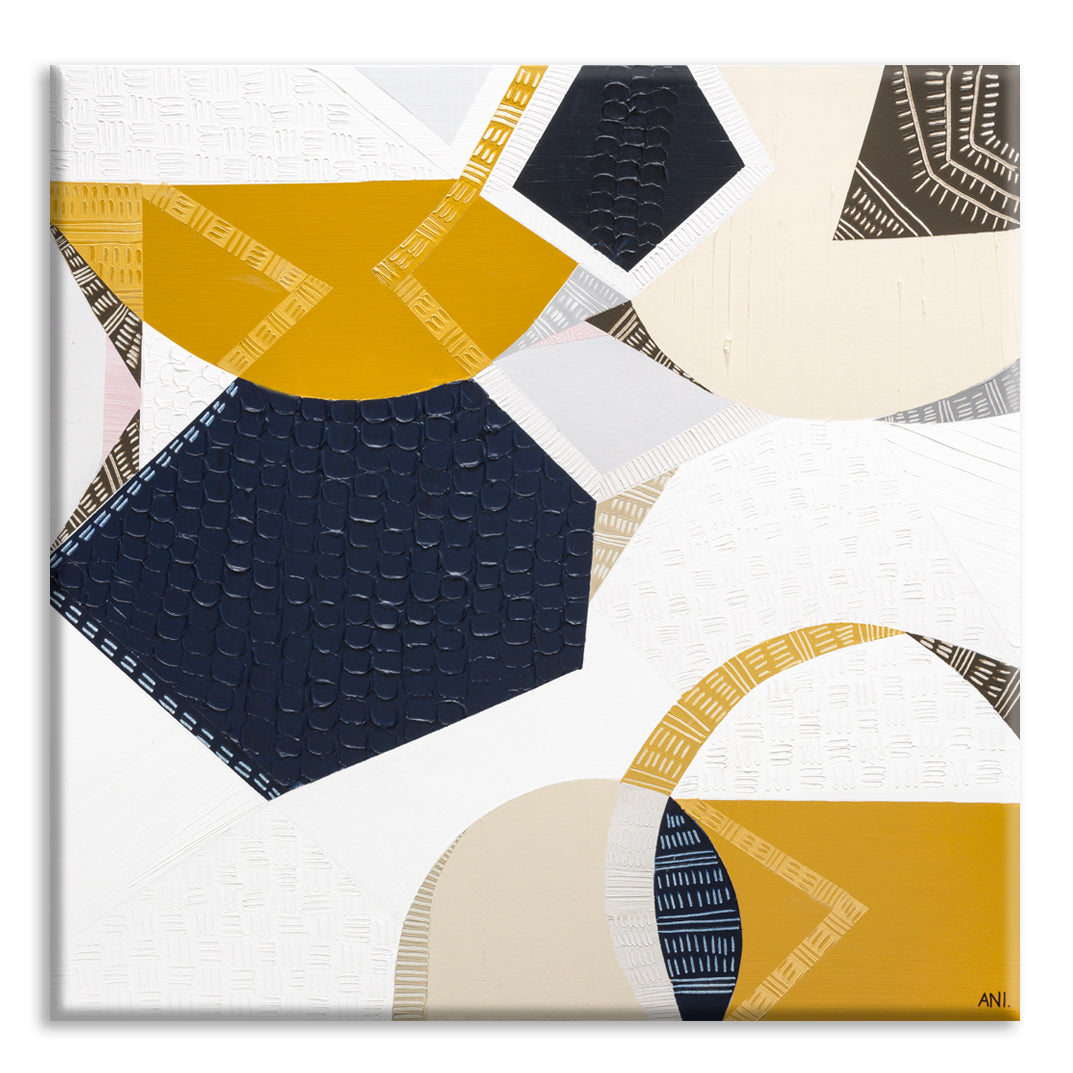 Outback Adventures 2 by Melbourne-based Australian artist Ani Ipradjian — bold abstract Australian Outback landscape painting and print featuring earthy mustard tones, ocean blues, and textured layers inspired by Ani’s cross-country journey from Melbourne to Perth. Captures the vast desert plains, rugged terrain, and natural coastal beauty of Australia. Ideal for art collectors, interior designers, home decorators, and lovers of contemporary Australian landscape art. Available as original artwork and fine a