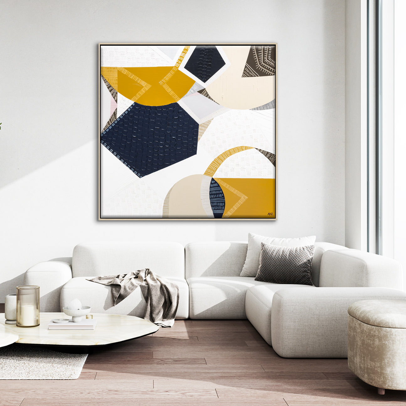 Outback Adventures 2 by Melbourne-based Australian artist Ani Ipradjian — bold abstract Australian Outback landscape painting and print featuring earthy mustard tones, ocean blues, and textured layers inspired by Ani’s cross-country journey from Melbourne to Perth. Captures the vast desert plains, rugged terrain, and natural coastal beauty of Australia. Ideal for art collectors, interior designers, home decorators, and lovers of contemporary Australian landscape art. Available as original artwork and fine a